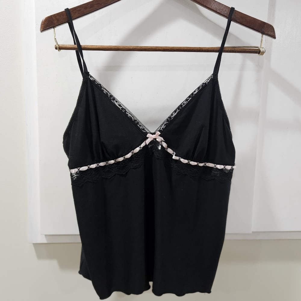 Womens Babydoll Y2K Top Black M Pink Bow Lace Trim Grunge Whimisgoth Vtg Twee